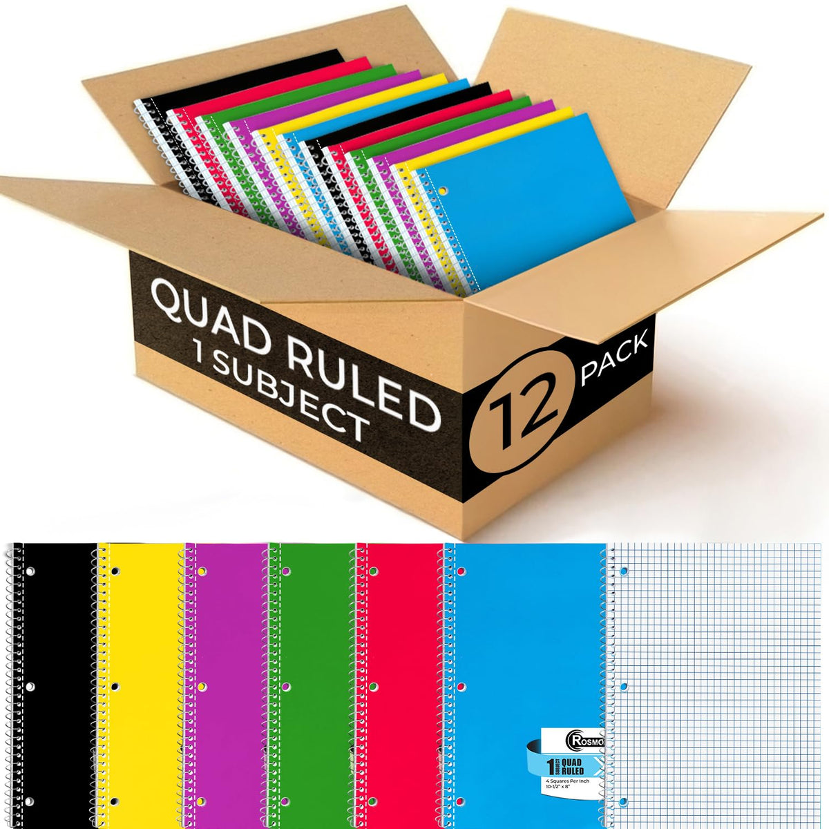 1 Subject Graph Paper Spiral Notebook, 12 Pack, 70 Sheets | Bulk 4x4 Spiral Bound Grid Notebooks, 8 x 10-1/2", 3 Hole Punched, Single Subject Quad Ruled Spiral Notebooks for School