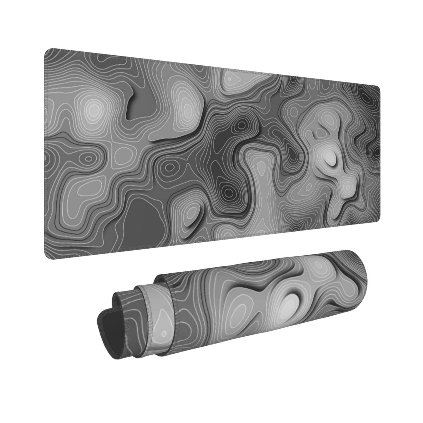 Abstract Topographic Map White Grey Black Gaming Mouse Pad Long Mouse Pad Large Desk Mat 31.5 X 11.8 Inch Mousepad with Non-Slip Base Stitched Edge Keyboard Mat for Gaming Office