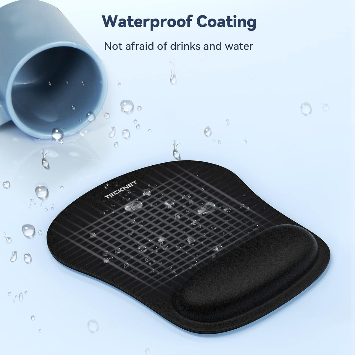 TECKNET Ergonomic Mouse Pad with Wrist Support Black | Soft Memory Foam, Fast Rebound, Pain Relief，Waterproof Surface, Non-slip Base