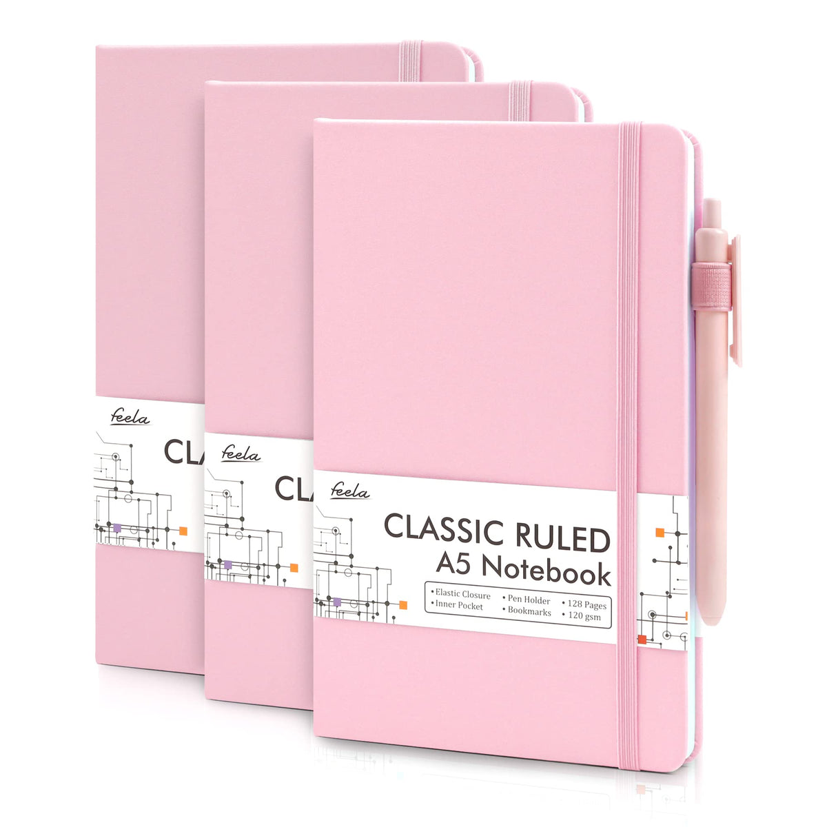 feela 3 Pack Hardcover Notebook For Women, Classic Ruled Lined Journal Set School Business Supplies, with 3 Black Pens, 120 GSM, 5.1”x8.3”, A5, Pastel Colors, Light Blue, Light Purple, Light Green