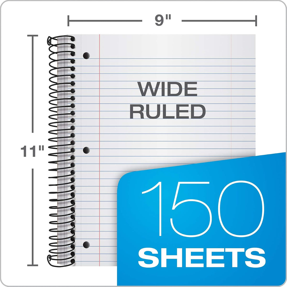 Oxford Spiral Notebook 3 Pack, 3 Subject, Wide Rule, Durable Plastic Covers, Strong Coil, 3 Durable Pockets, 8.5 x 11, 150 Sheets, Red, Green, Blue (89804)