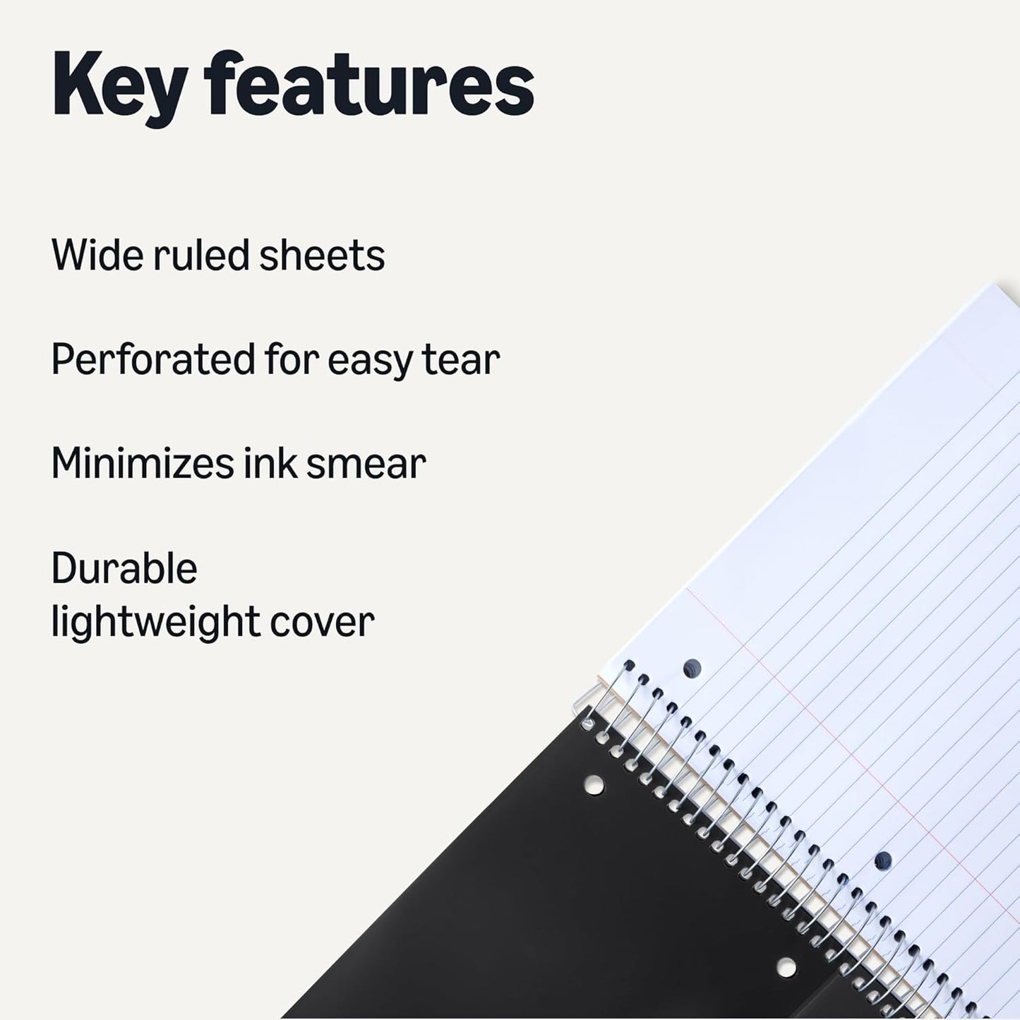 Amazon Basics Wide Ruled Spiral Notebook, Poly Cover, 5 Subject, For Work and School, 200 Sheets, 8.5" x 10.5", Black, 1-Pack