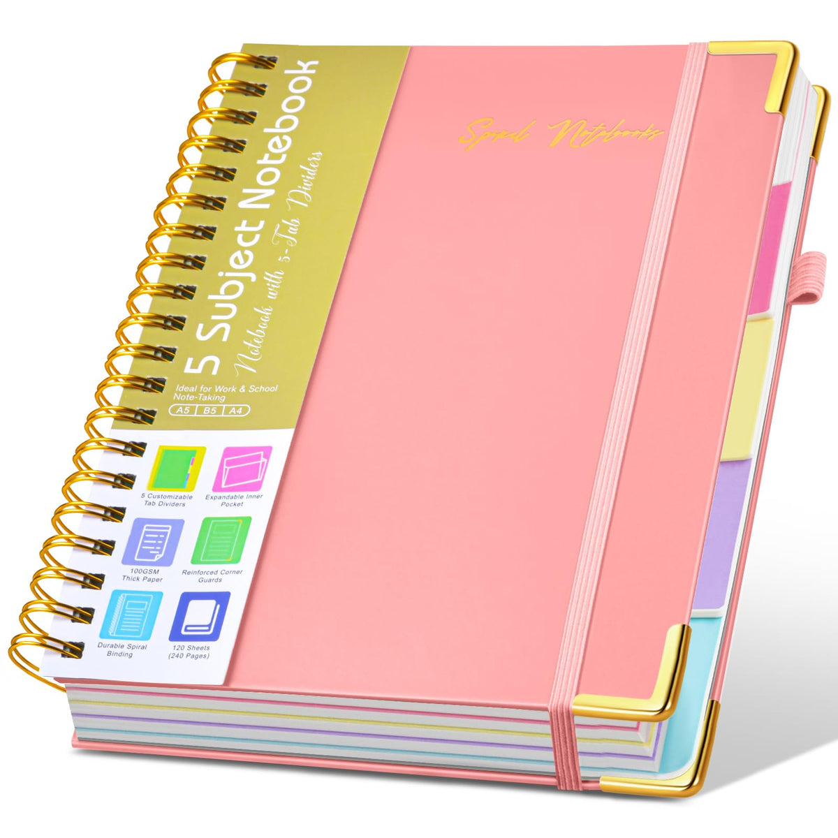Hardcover Large Spiral Notebook 8.5" x 11" with Removable Dividers Tabs, 300 pages Leather 5 Subject Notebook College Ruled, A4 Journal for Women Men, Notebooks for Work School Note taking,Purple