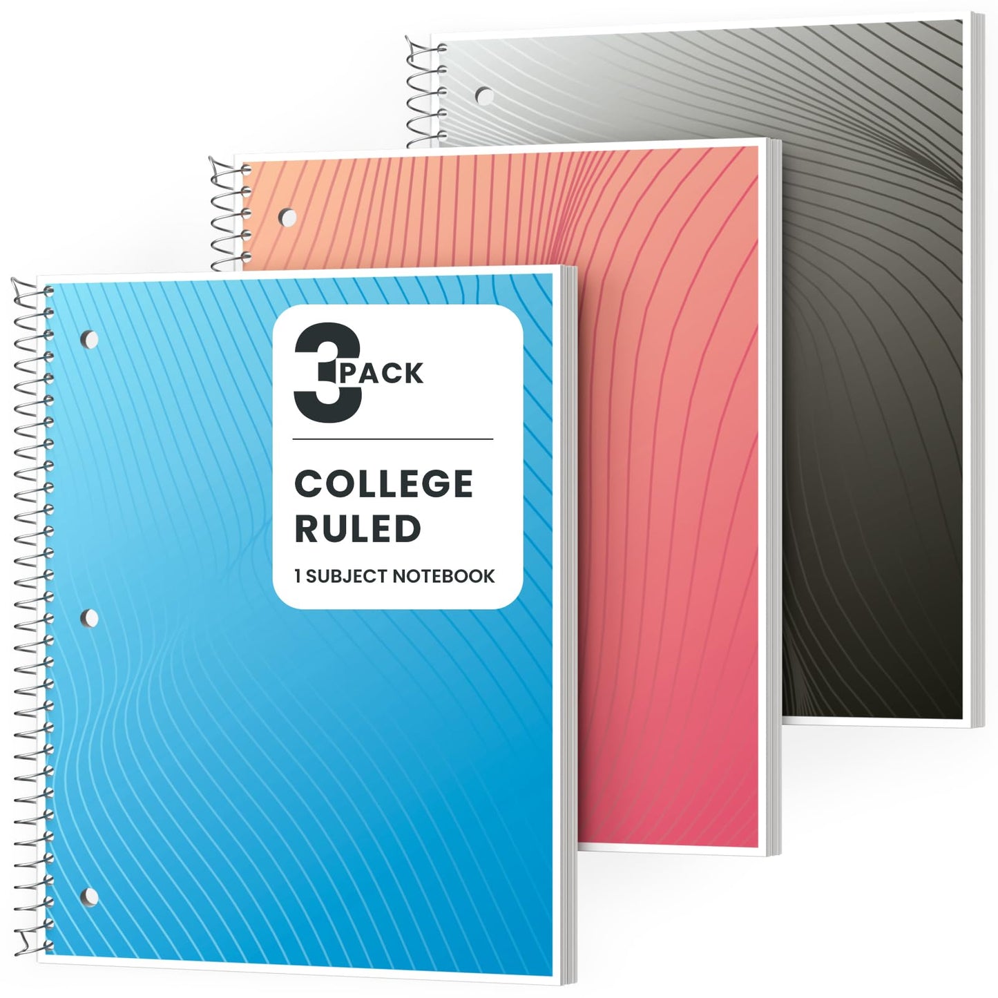 Oucaru 1 Subject Spiral Notebook College Ruled 3 Pack, 140 Pages | 70 Sheets, 8 x 10.5 in, 3-Hole Punched, School Notebook, Writing Notebook, Home, Office Supplies