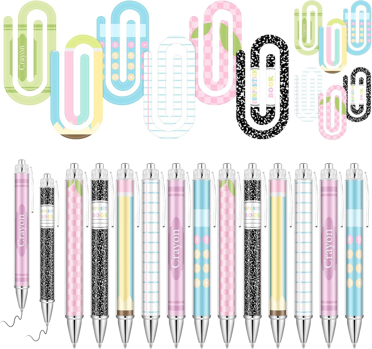 Colarr 24 Pcs Pastel Back to School Teacher Gift Survival Kit Supplies | 12 Jumbo Acrylic Paper Clips, 12 Ballpoints Pens, Pastel Teacher Supplies for Classroom Book Lovers Staff Office Writing