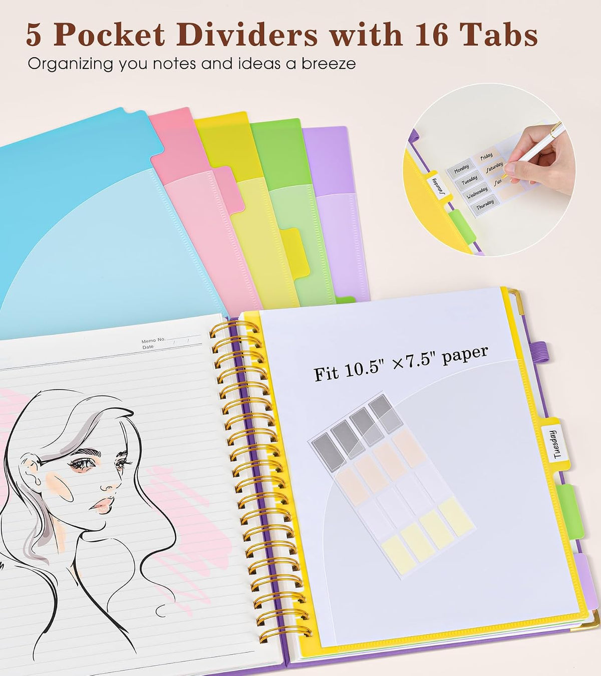 Hardcover Large Spiral Notebook 8.5" x 11" with Removable Dividers Tabs, 300 pages Leather 5 Subject Notebook College Ruled, A4 Journal for Women Men, Notebooks for Work School Note taking,Purple