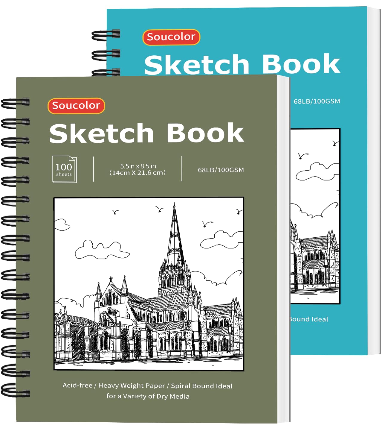 Soucolor Sketch Book 9" x 12", 100 Sheets Kids Art Sketchbook Drawing Pad | 68lb Acid-Free, Fine-Texture Paper, Top Spiral for Lay-Flat, Gift for Teens Girls Boys Beginners Adults, School Art Supplies