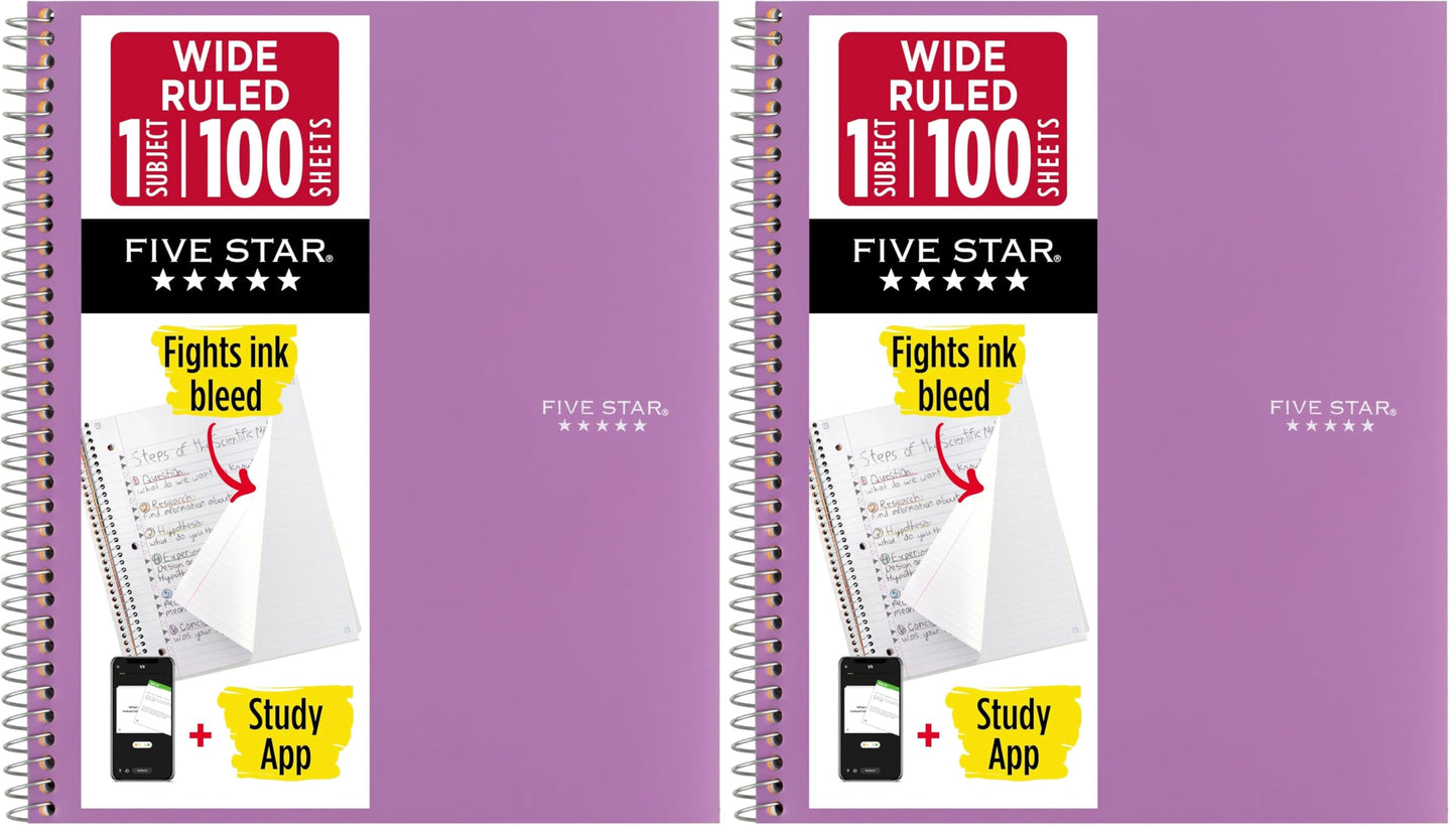 Five Star Spiral Notebook + Study App, 1 Subject, Wide Ruled Paper, 8" x 10.5", 100 Sheets, Fights Ink Bleed, Water Resistant Cover, Vivid Yellow (930010CJ1)