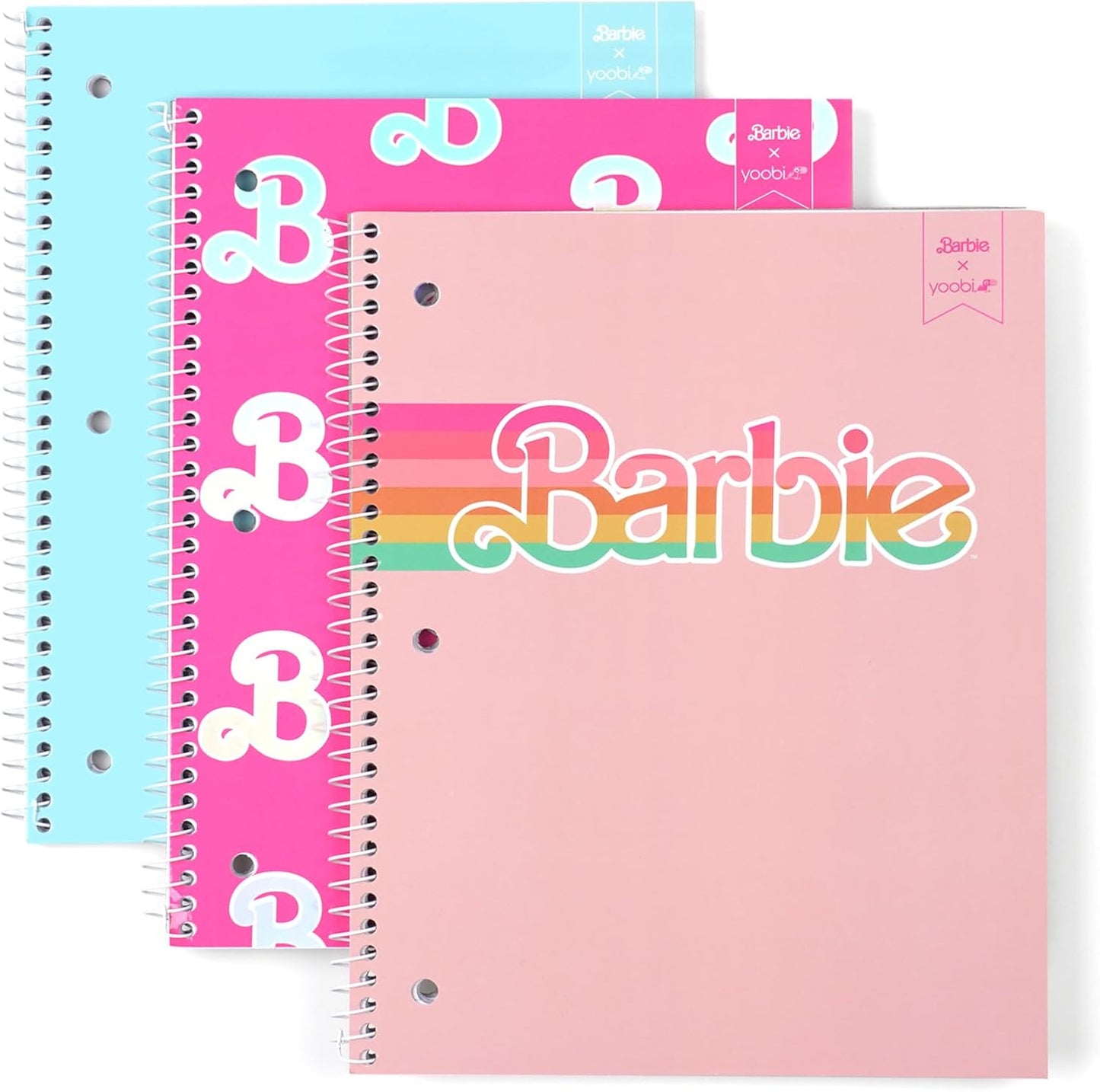 Yoobi x Barbie College Ruled Spiral Notebooks, 3-Pack, 100 Sheets | 3-Hole Punched Sheets, Perforated Pages, 100–150 Sheets, Multi-Pack (3-Pack or 6-Pack), Fun Prints & Designs