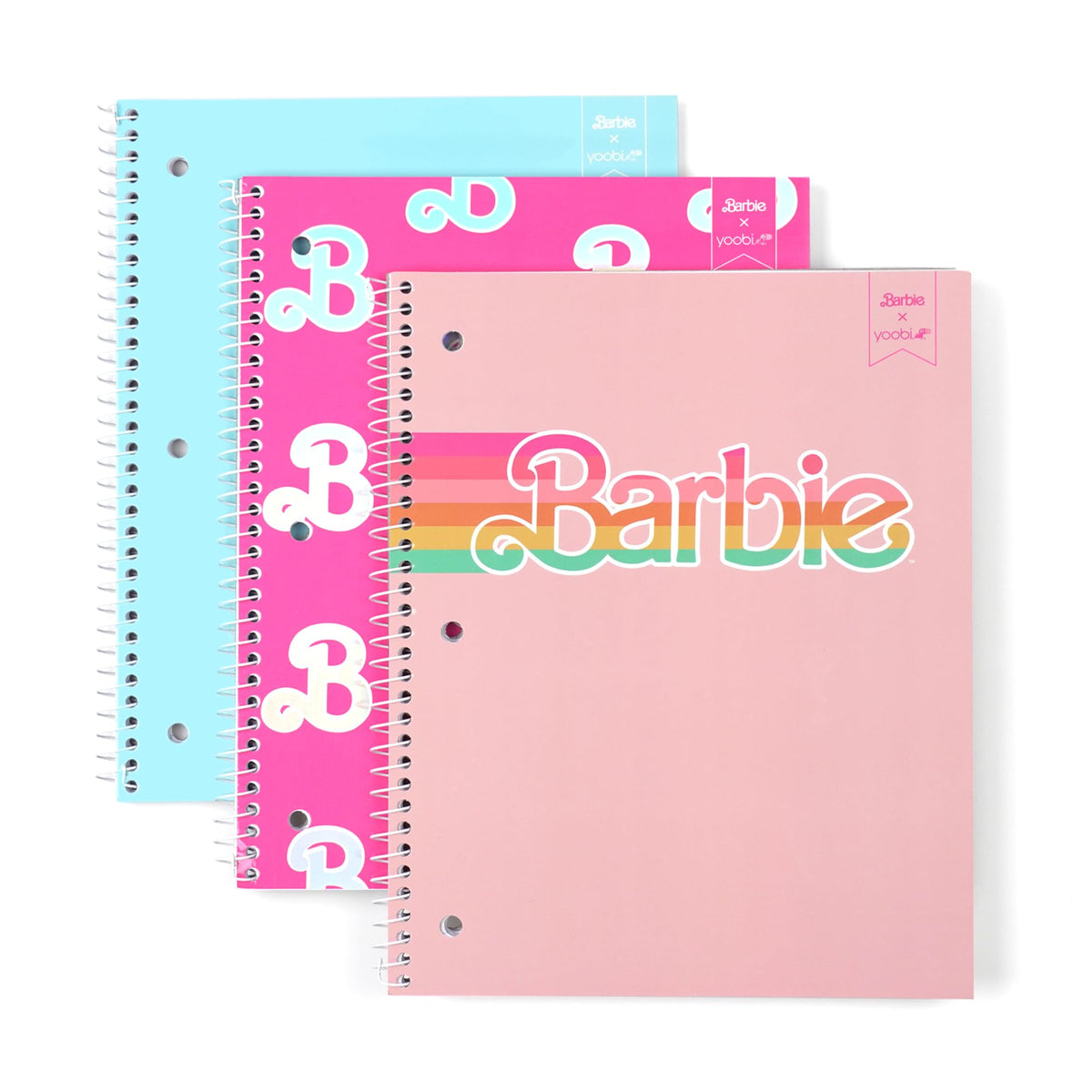 Yoobi x Barbie College Ruled Spiral Notebooks, 3-Pack, 100 Sheets | 3-Hole Punched Sheets, Perforated Pages, 100–150 Sheets, Multi-Pack (3-Pack or 6-Pack), Fun Prints & Designs