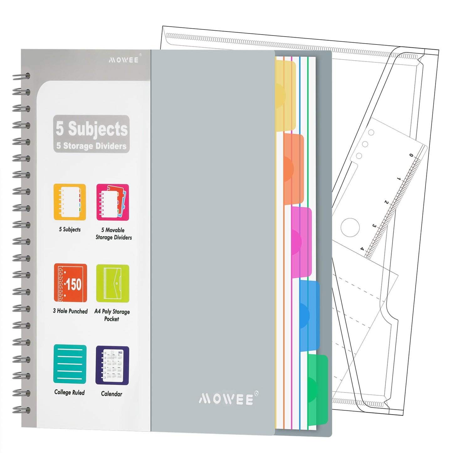 Spiral Notebook - 5 Subject Notebook, College Ruled Notebook With Dividers Pocket, Tabs Label, 11" Ruler, 200 Pages, for Writing Journal, Home & Office, School Supplies, 8.5''x11''Black | 200 Pages, 11" Ruler, 8.5"x11" Black, Pocket Dividers with Tab Labe