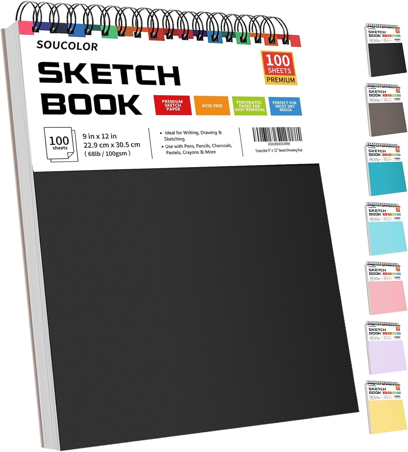 Soucolor Sketch Book 9" x 12", 100 Sheets Kids Art Sketchbook Drawing Pad | 68lb Acid-Free, Fine-Texture Paper, Top Spiral for Lay-Flat, Gift for Teens Girls Boys Beginners Adults, School Art Supplies