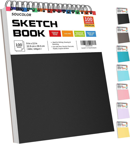 Soucolor Sketch Book 9" x 12", 100 Sheets Kids Art Sketchbook Drawing Pad | 68lb Acid-Free, Fine-Texture Paper, Top Spiral for Lay-Flat, Gift for Teens Girls Boys Beginners Adults, School Art Supplies