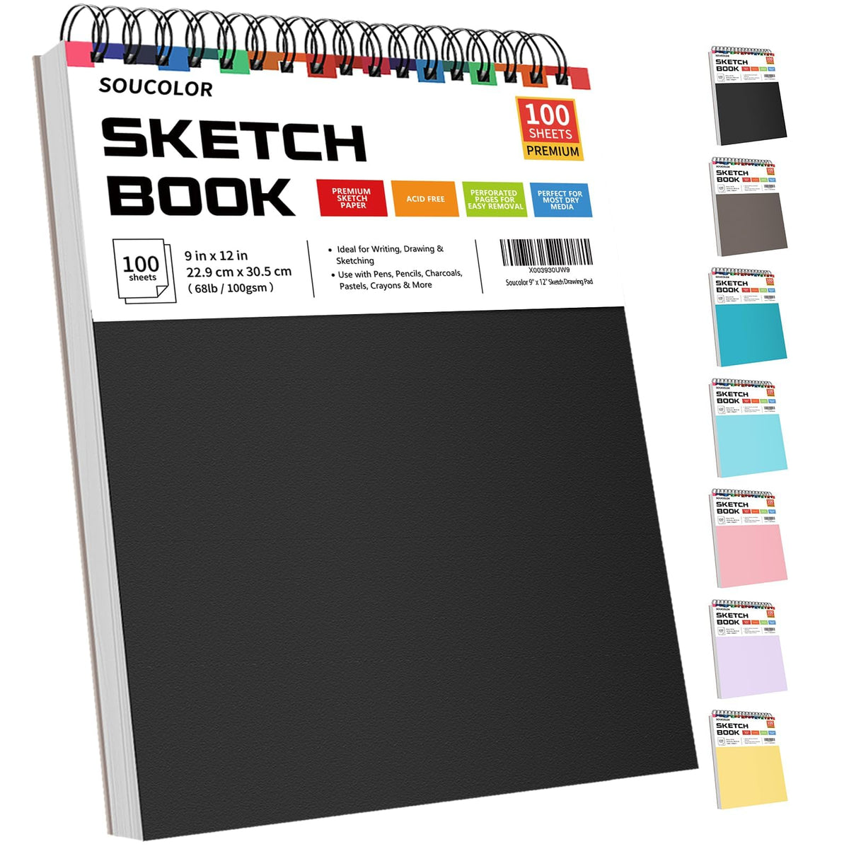 Soucolor Sketch Book 9" x 12", 100 Sheets Kids Art Sketchbook Drawing Pad | 68lb Acid-Free, Fine-Texture Paper, Top Spiral for Lay-Flat, Gift for Teens Girls Boys Beginners Adults, School Art Supplies