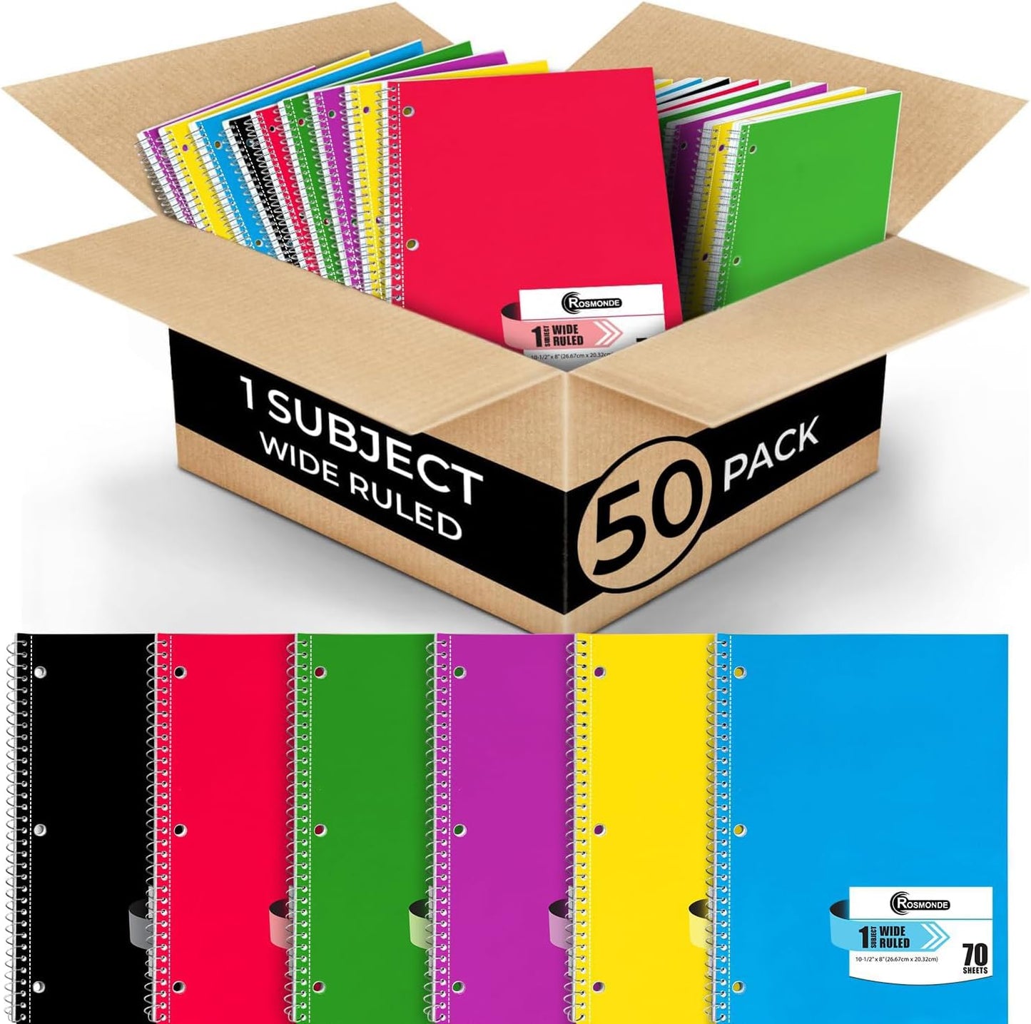1 Subject Spiral Notebook Bulk, 50 Pack, Wide Ruled, Assorted | Bulk Wide Ruled Notebooks, Thick Paper, 140 Pages (70 Sheets), 8 x 10-1/2", 3 Hole Punched, Bulk Subject Notebook For School