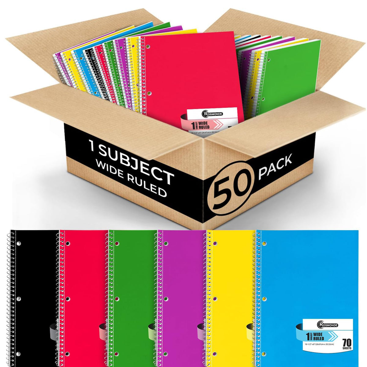 1 Subject Spiral Notebook Bulk, 50 Pack, Wide Ruled, Assorted | Bulk Wide Ruled Notebooks, Thick Paper, 140 Pages (70 Sheets), 8 x 10-1/2", 3 Hole Punched, Bulk Subject Notebook For School