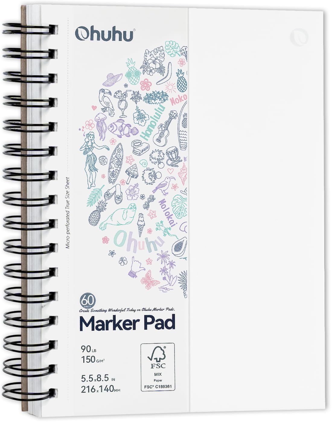 Ohuhu 8.3"x8.3" Double-Sided Bleedproof Marker Pad Art Sketchbook 60 Sheets | Square Sketch Book - 90 LB/150 GSM Smooth Drawing Paper - 60 Sheets/120 Pages - Spiral-Bound Sketch Pad for Alcohol Markers