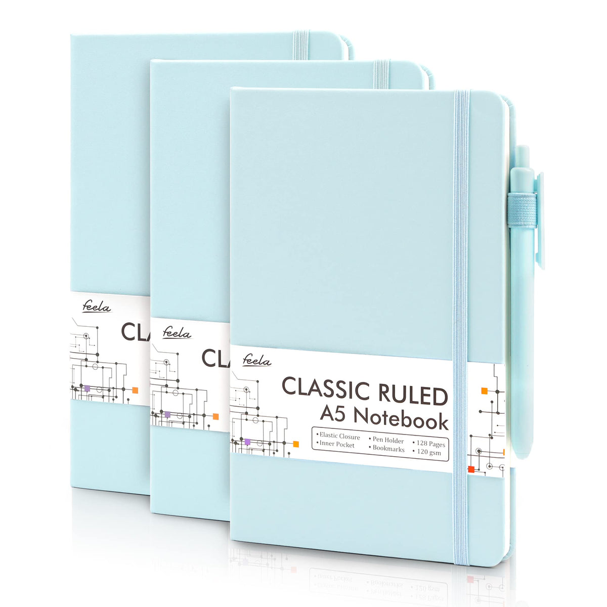 feela 3 Pack Hardcover Notebook For Women, Classic Ruled Lined Journal Set School Business Supplies, with 3 Black Pens, 120 GSM, 5.1”x8.3”, A5, Pastel Colors, Light Blue, Light Purple, Light Green