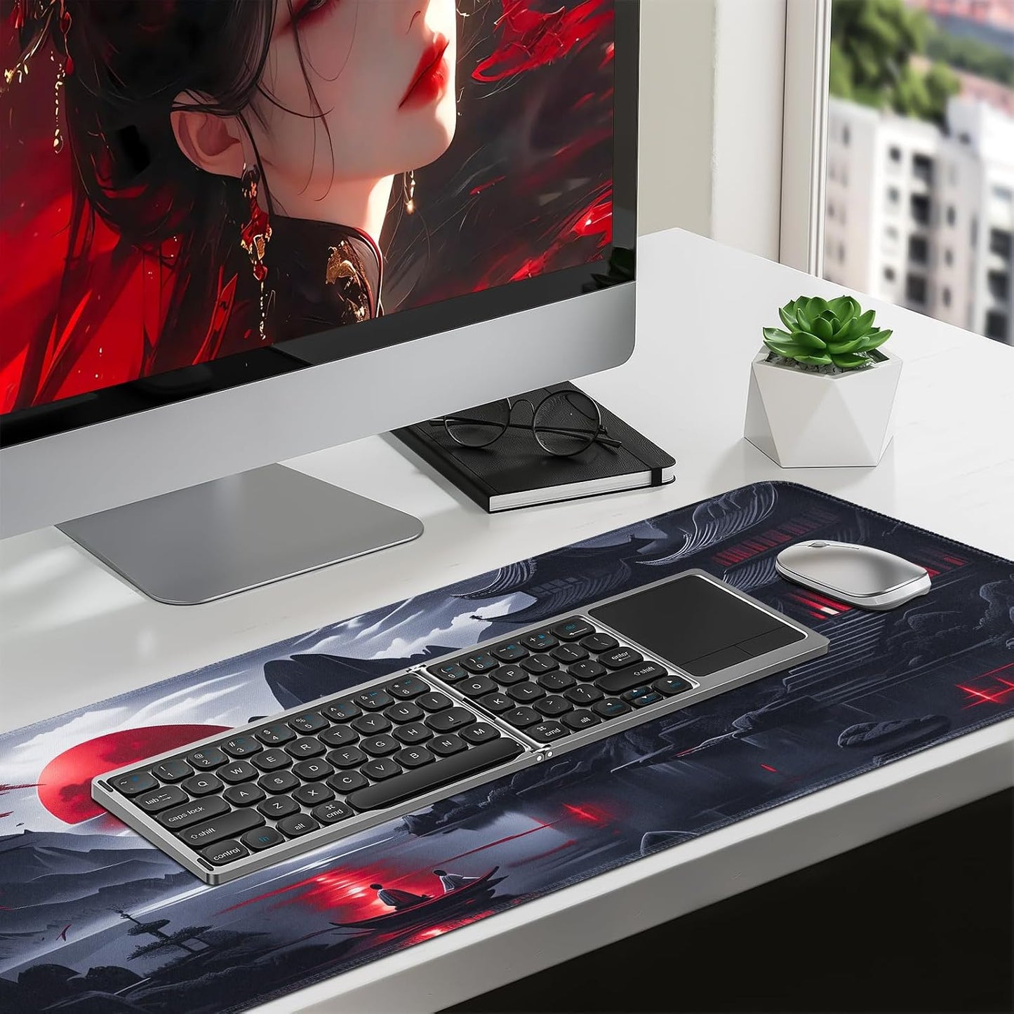 FreeNook Large Gaming Mouse Pad, Anime Black Mousepad with Stitched Edges, Expanded Cool Desk Mat, Japanese Red Moon XL Keyboard Mat Suitable for Home Office,31.5 X 11.8 Inch