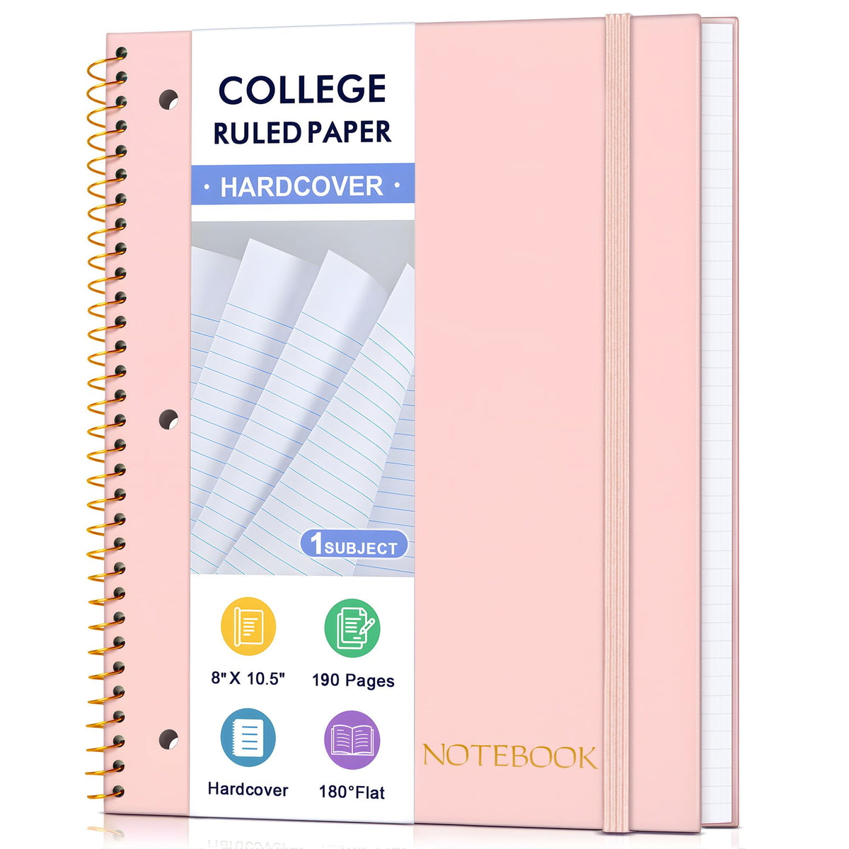 MUAHLIUB Spiral Notebook College Ruled Paper 8" x 10-1/2", 1 Subject Spiral Notebook, 3-Hole Punched Perforated Pages Ideal for School, Office, Writing, 95 Sheets Lined Journaling Notebook, Black