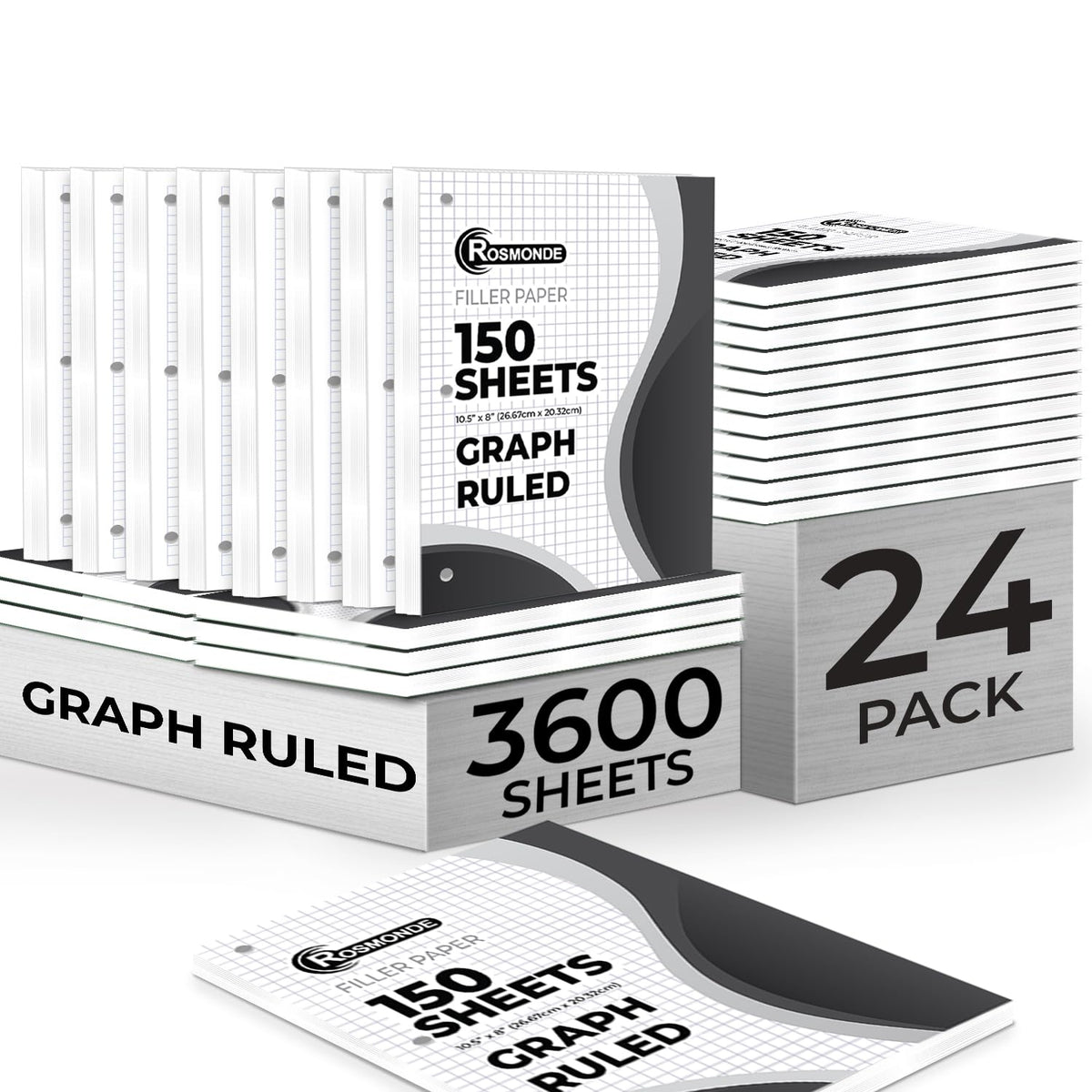 450 Sheets Loose Leaf Paper, 3 Pack, Wide Ruled Filler Paper | Bulk Office Filler Paper, 8" x 10.5", 3 Hole Punched, 150 Sheets/Pack, Wide Ruled Notebook Paper for Binder, White