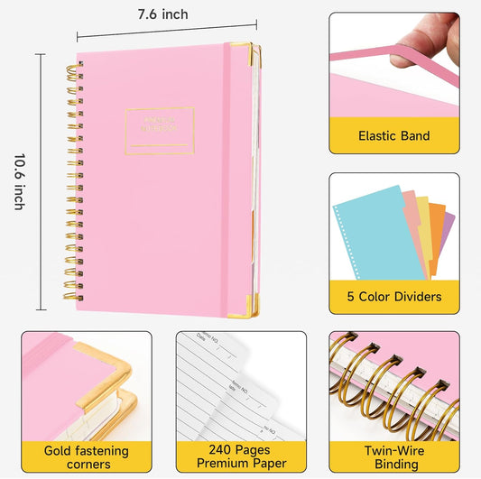 5 Subject Notebook with Dividers, Lined Spiral Journal, 7.6" x 10.5", Pink | 240 Page, B5 Aesthetic Writing Journals for Women, Hardcover Notebooks for Work Note Taking, College Essentials