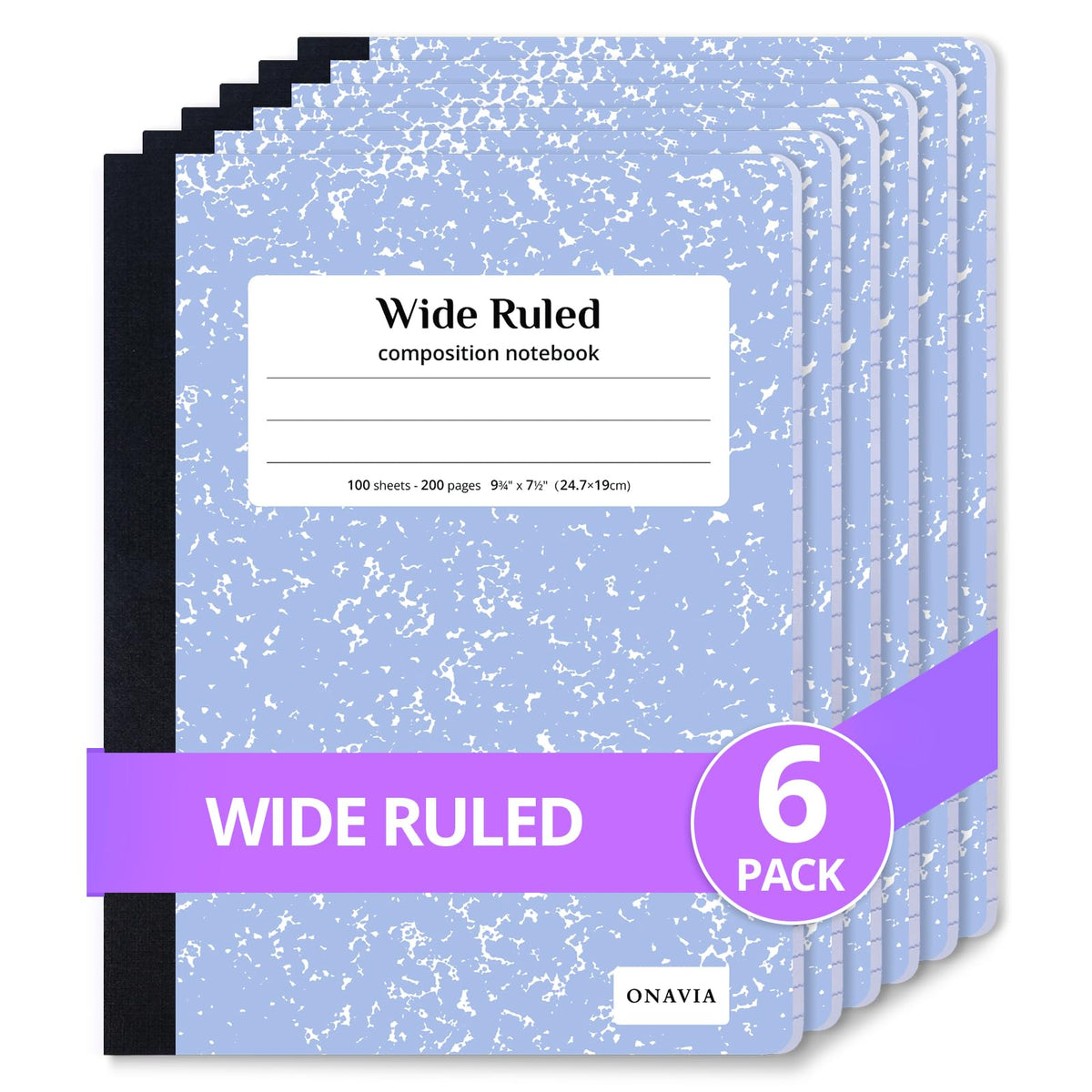 ONAVIA Composition Notebook Wide Ruled 6 Pack, 200 Pages, Marble Black | 100 ct, 9.75 x 7.5 in, Wide Ruled Composition Notebook, Durable Comp Book, School Notebooks, Note Taking, Students