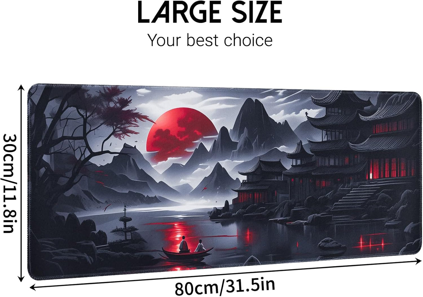 FreeNook Large Gaming Mouse Pad, Anime Black Mousepad with Stitched Edges, Expanded Cool Desk Mat, Japanese Red Moon XL Keyboard Mat Suitable for Home Office,31.5 X 11.8 Inch