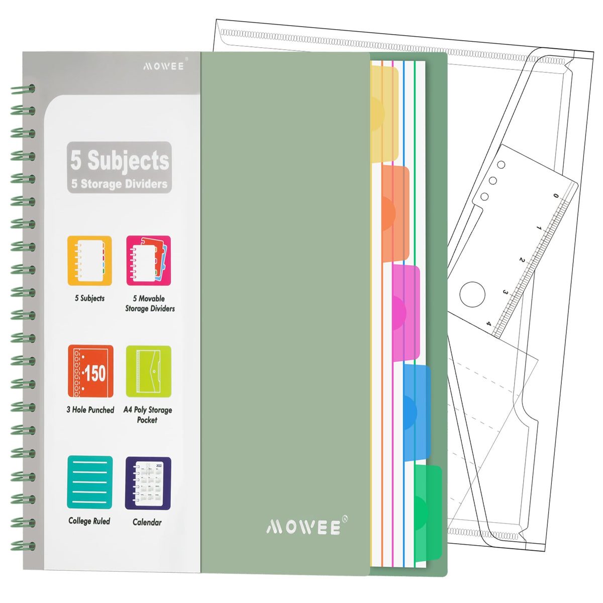 Spiral Notebook - 5 Subject Notebook, College Ruled Notebook With Dividers Pocket, Tabs Label, 11" Ruler, 200 Pages, for Writing Journal, Home & Office, School Supplies, 8.5''x11''Black | 200 Pages, 11" Ruler, 8.5"x11" Black, Pocket Dividers with Tab Labe