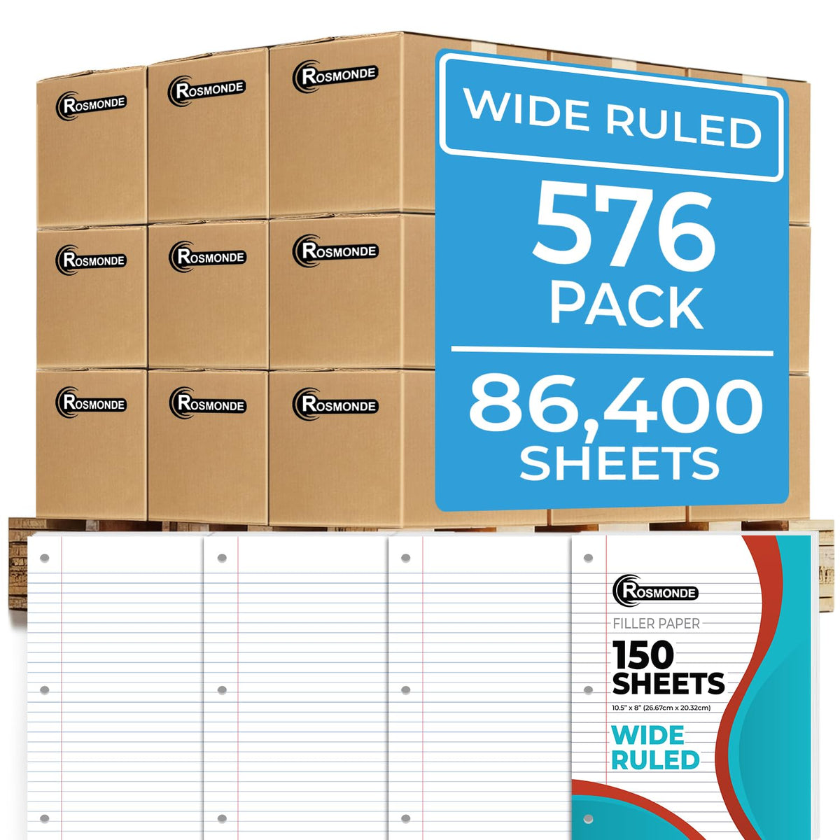 450 Sheets Loose Leaf Paper, 3 Pack, Wide Ruled Filler Paper | Bulk Office Filler Paper, 8" x 10.5", 3 Hole Punched, 150 Sheets/Pack, Wide Ruled Notebook Paper for Binder, White