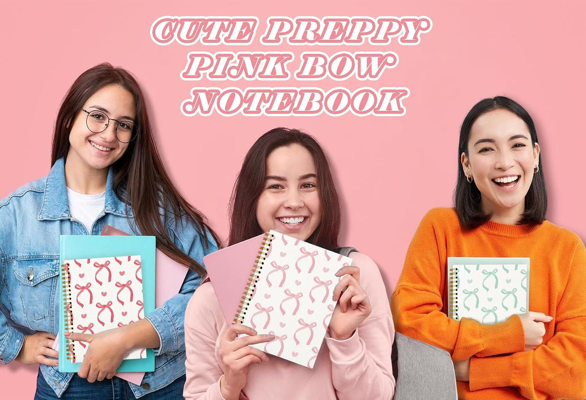 QUICQOD Cute Pink Bow Spiral Notebook Journal for Teen Girls, 5.5x8.3 Inch | Coquette Pink School Supplies for Girls, Preppy Hardcover Journal for Women, Lined Notebook for Note Taking Daily Writing