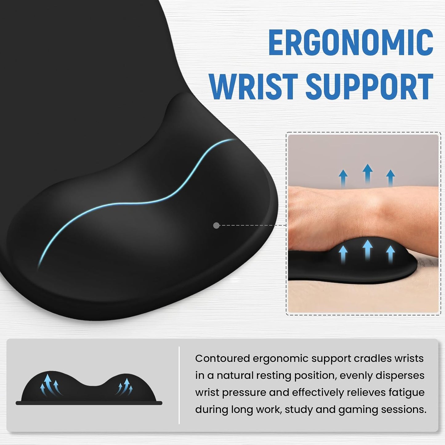 Ergonomic Mouse Pad with Wrist Rest, Gel Wrist Support, Black | 10.2 x 7.6 in Mouse Pad with Smooth Fabric Surface and Non-Slip Rubber Base for Office, Home, Study, and Gaming