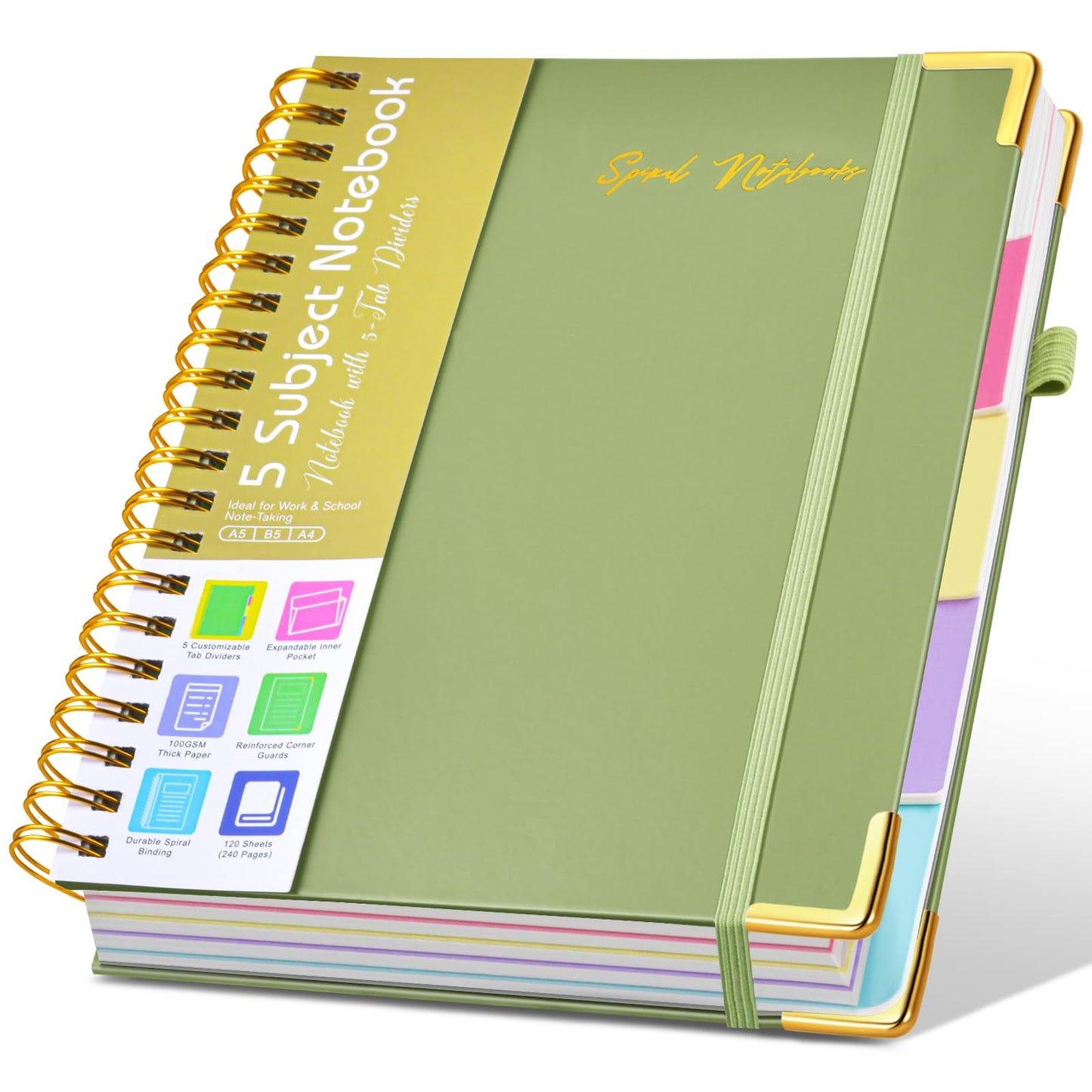 Hardcover Large Spiral Notebook 8.5" x 11" with Removable Dividers Tabs, 300 pages Leather 5 Subject Notebook College Ruled, A4 Journal for Women Men, Notebooks for Work School Note taking,Black