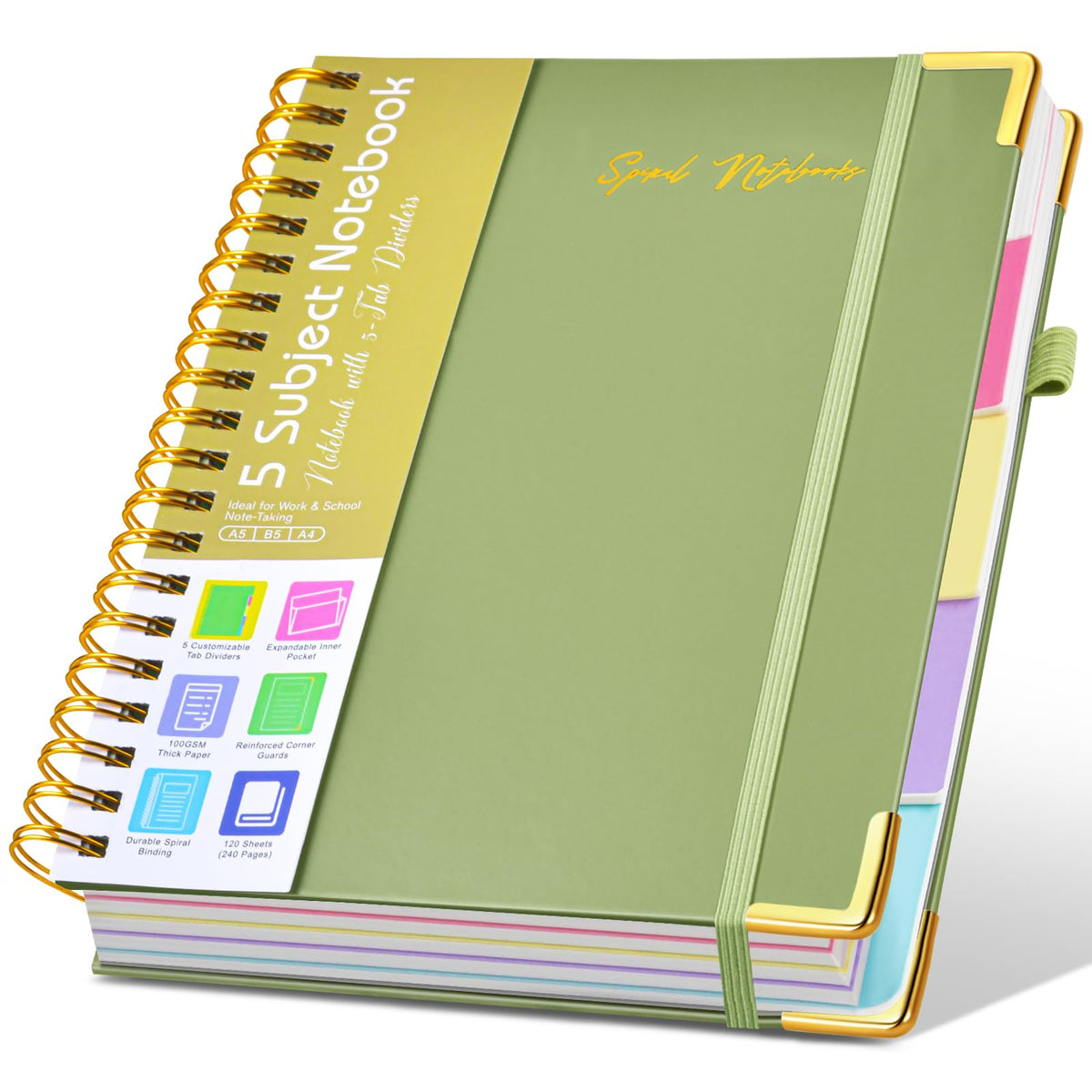 Hardcover Large Spiral Notebook 8.5" x 11" with Removable Dividers Tabs, 300 pages Leather 5 Subject Notebook College Ruled, A4 Journal for Women Men, Notebooks for Work School Note taking,Purple