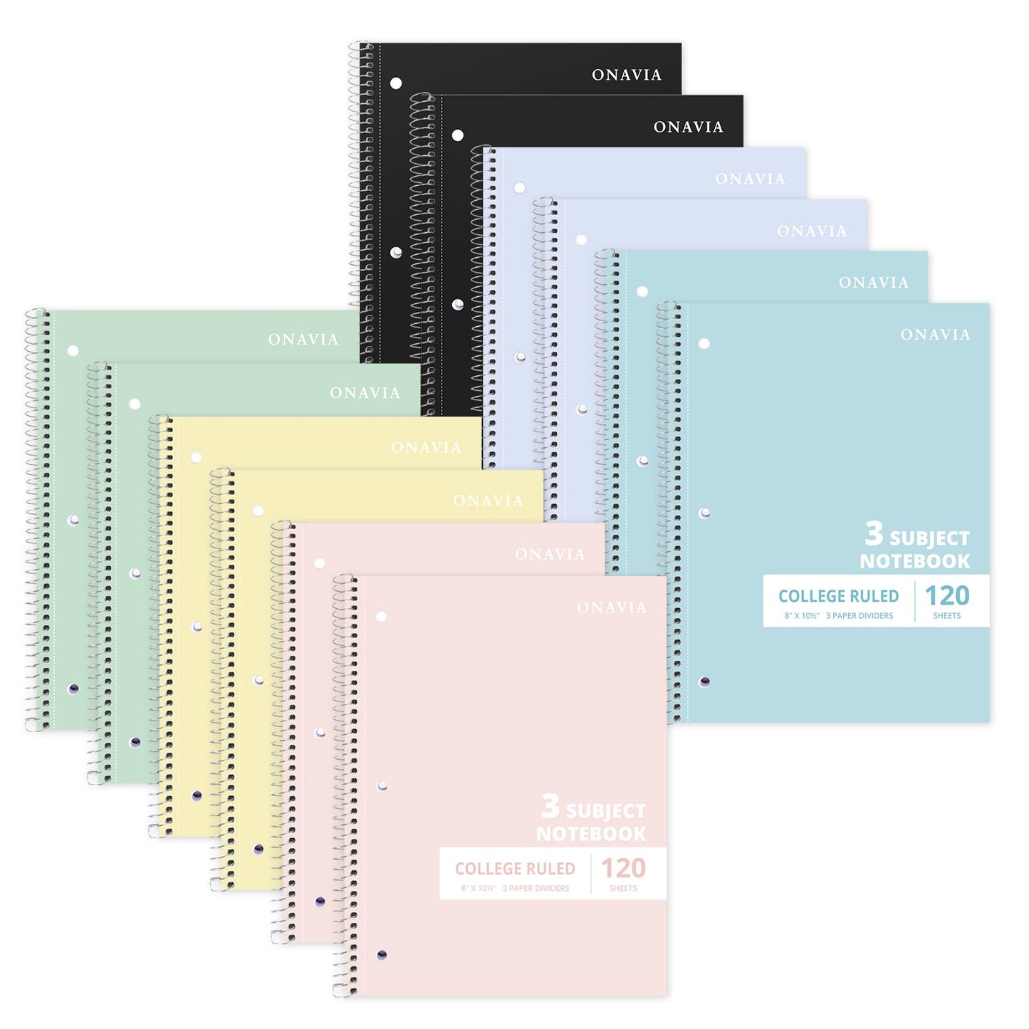 ONAVIA 3 Subject Spiral Notebook College Ruled 5 Pack, 240 Pages, Assorted | 120 Sheets, 8 x 10.5 in, 3 Dividers, Double-Sided Pockets, School Notebook, Study, Homework, Students