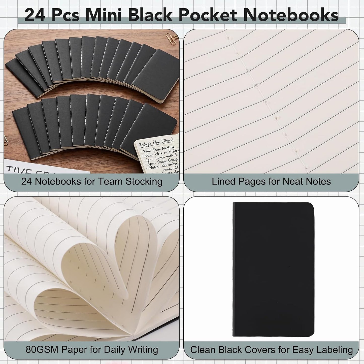BESARME 24 Pcs Mini Pocket Notebooks Bulk, Travel Journal Memo Notepads | 3.93*2.36in, Black Small Lined Notebooks for Women, for Daily Planning Journaling Note Taking Office School Gifts,