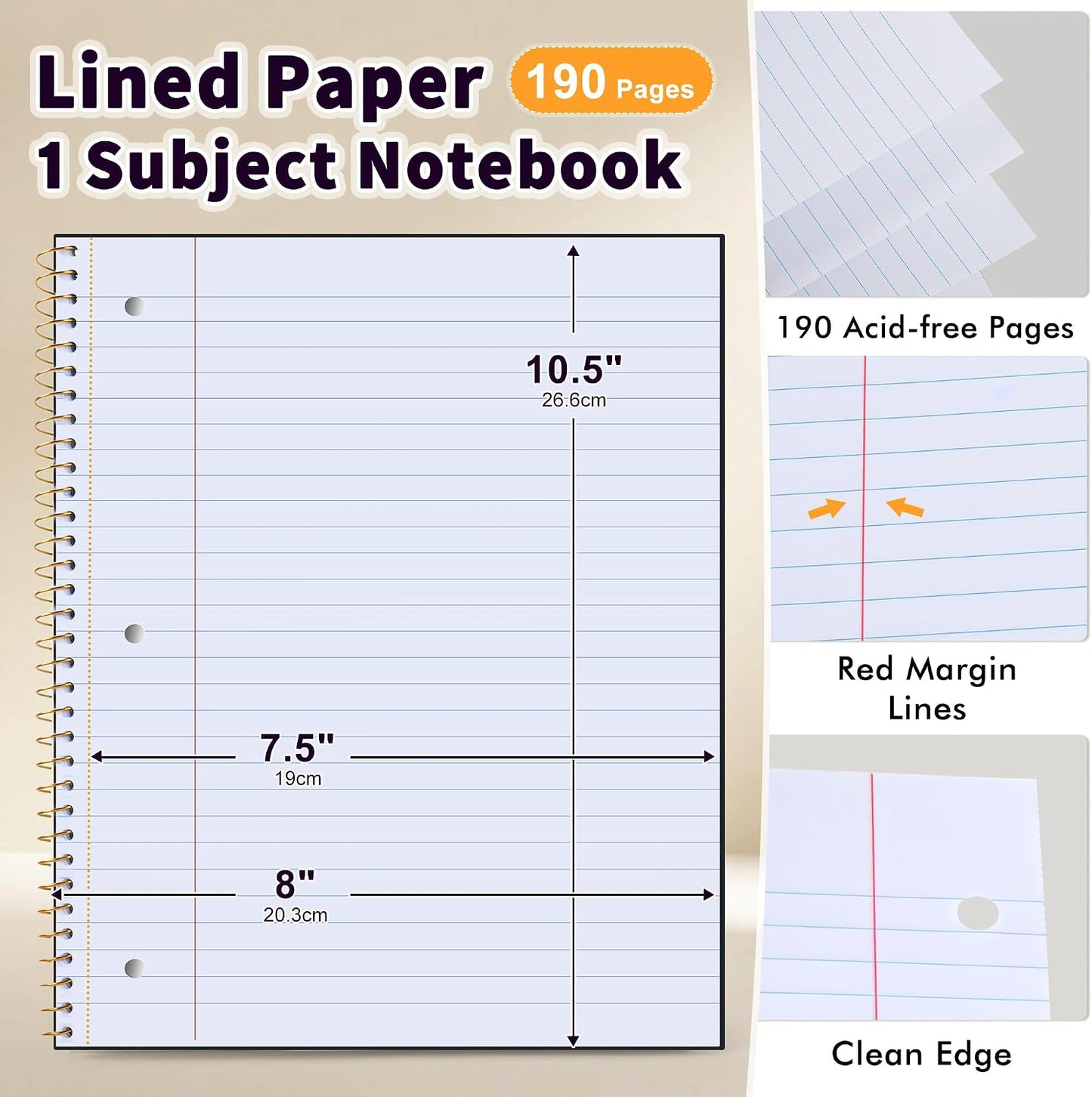 MUAHLIUB Spiral Notebook Wide Ruled Paper 8" x 10 1/2", 1 Subject Spiral Notebook, 3-Hole Punched Perforated Pages Ideal for School, Office, Writing, 95 Sheets Lined Journaling Notebook, Black