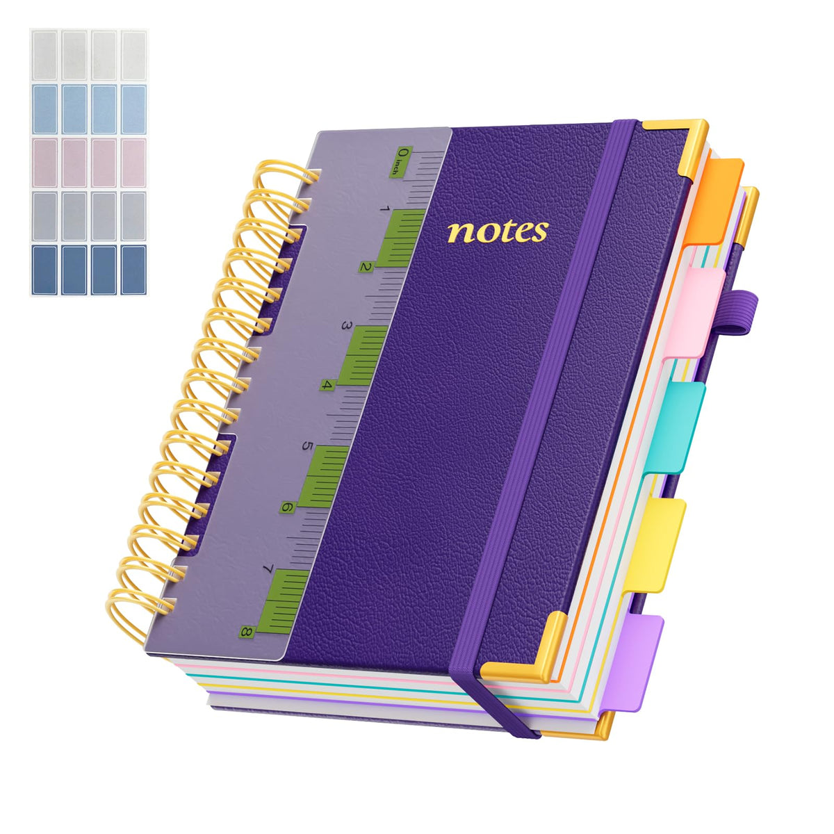 Line Hardcover Spiral Notebook with Removable Dividers Tabs & Ruler, 5 Subject Notebook College Ruled, 300 Page, Large 8"x10" B5 Notebooks for Work School, Lined Journal for Women & Men, Purple