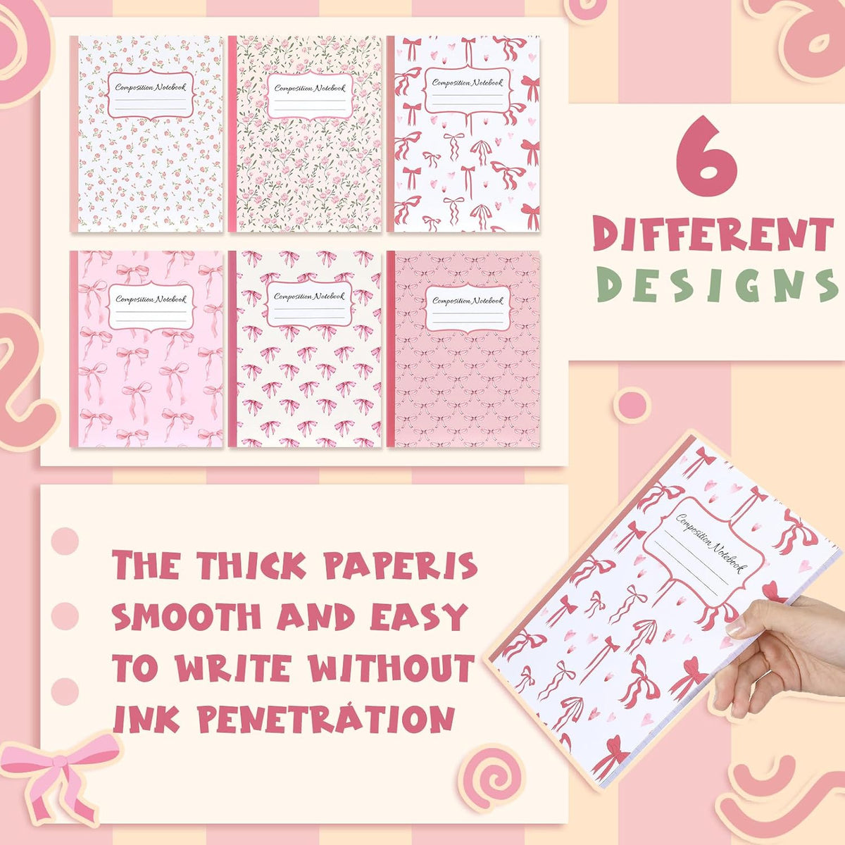 Fullhawl 6 Pack Pink Composition Notebook College Ruled | Back to School Supplies 110 Pages Note Taking, 9-3/4 x 7-1/2"Inch Size, Preppy Aesthetic Design, Cute Journal Office Use
