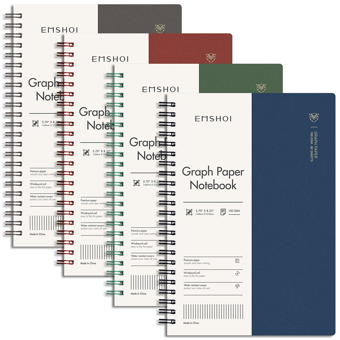 EMSHOI Lined Spiral Journal Notebook, 4 Pack, 640 Pages, A5 (5.7" x 8.2") | College Ruled, 100 GSM Thick Paper, Flexible Plastic Cover, for School, Student, Writing, Journaling, Work, Women & Men