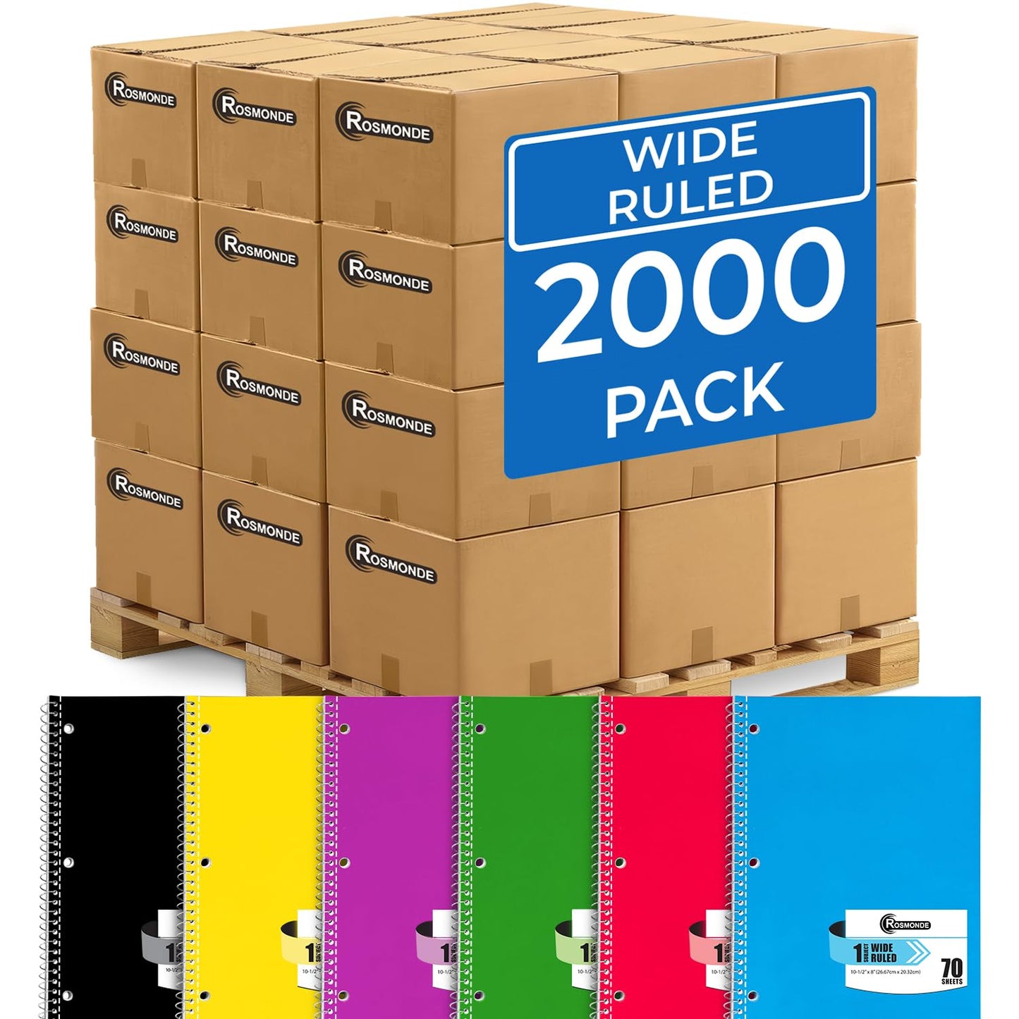 1 Subject Spiral Notebook Bulk, 50 Pack, Wide Ruled, Assorted | Bulk Wide Ruled Notebooks, Thick Paper, 140 Pages (70 Sheets), 8 x 10-1/2", 3 Hole Punched, Bulk Subject Notebook For School