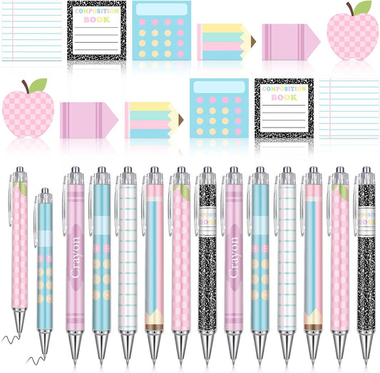 Thenshop 24 Pcs Back to School Teacher Gift Funny Pastel Teacher Sticky Notes Ballpoint Pen Notepad Self Adhesive Writing Thank Welcome to School Gifts for Employee Office Supplies