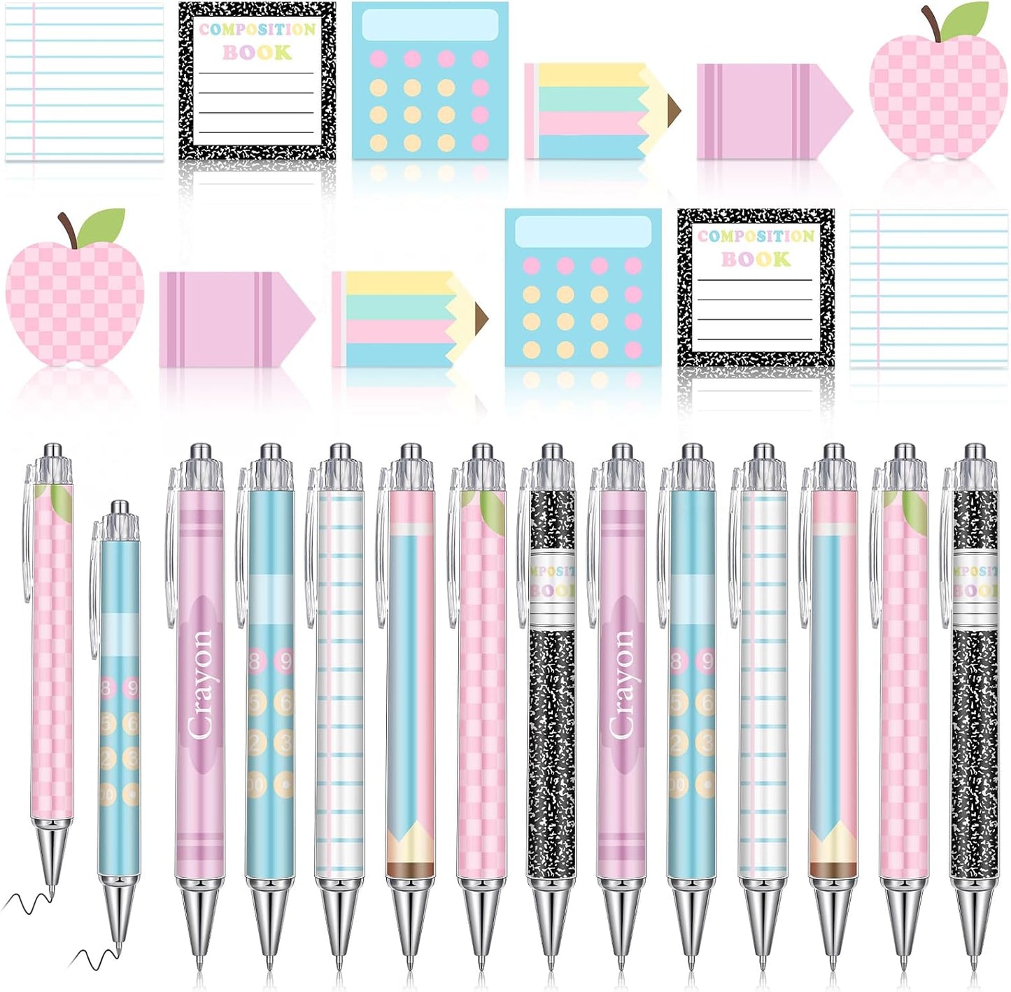 Thenshop 24 Pcs Back to School Teacher Gift Funny Pastel Teacher Sticky Notes Ballpoint Pen Notepad Self Adhesive Writing Thank Welcome to School Gifts for Employee Office Supplies