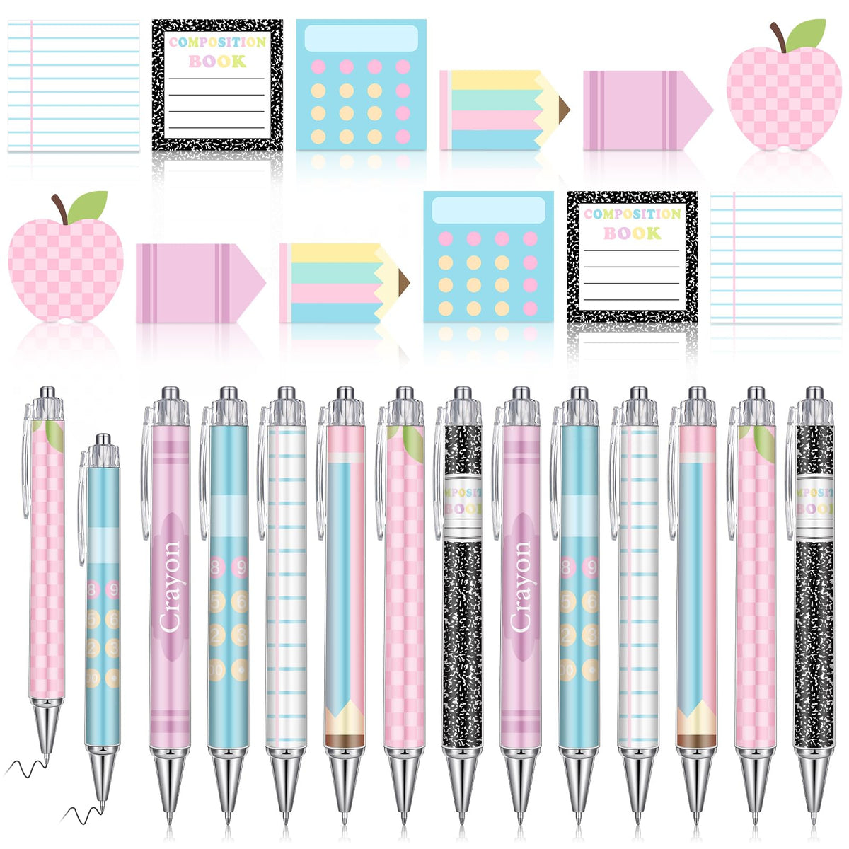 Thenshop 24 Pcs Back to School Teacher Gift Funny Pastel Teacher Sticky Notes Ballpoint Pen Notepad Self Adhesive Writing Thank Welcome to School Gifts for Employee Office Supplies