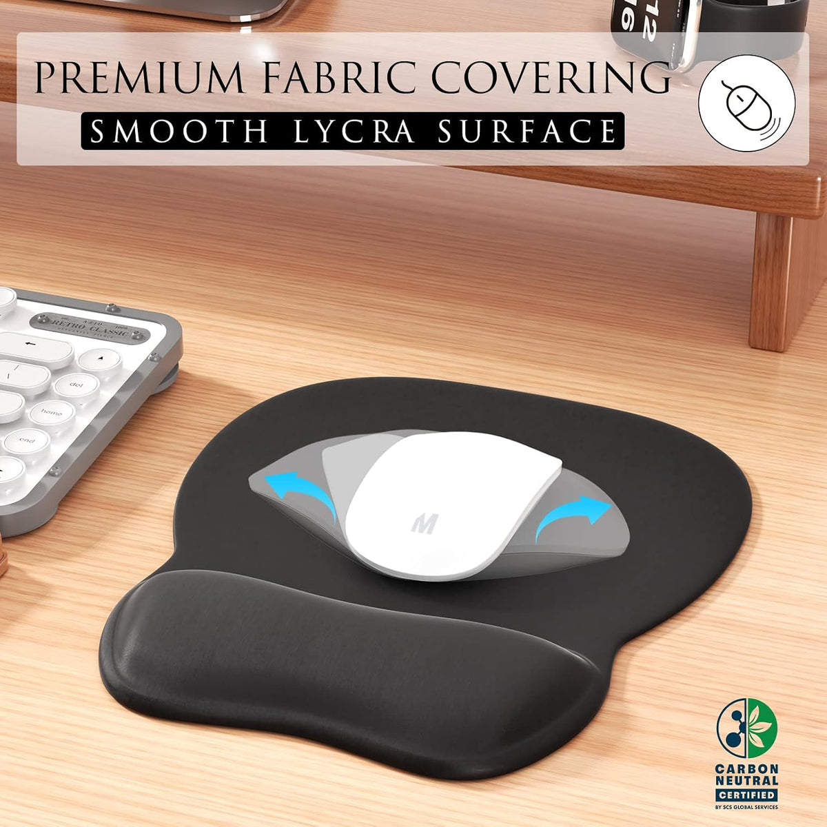 MROCO Ergonomic Mouse Pad with Gel Wrist Rest, 9.4 x 8.1 in, Black | Ergonomic Shape Design for Pain Relief, Cooling Feel Gel Cushioning for Wrist Comfort, Smooth Lycra Surface, Non-Slip PU Base