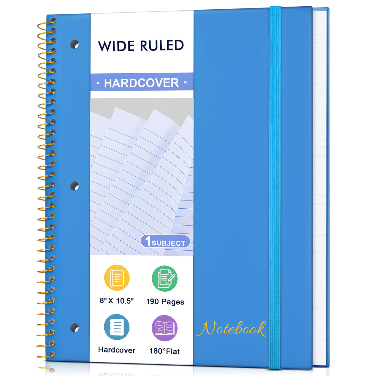 MUAHLIUB Spiral Notebook Wide Ruled Paper 8" x 10 1/2", 1 Subject Spiral Notebook, 3-Hole Punched Perforated Pages Ideal for School, Office, Writing, 95 Sheets Lined Journaling Notebook, Black