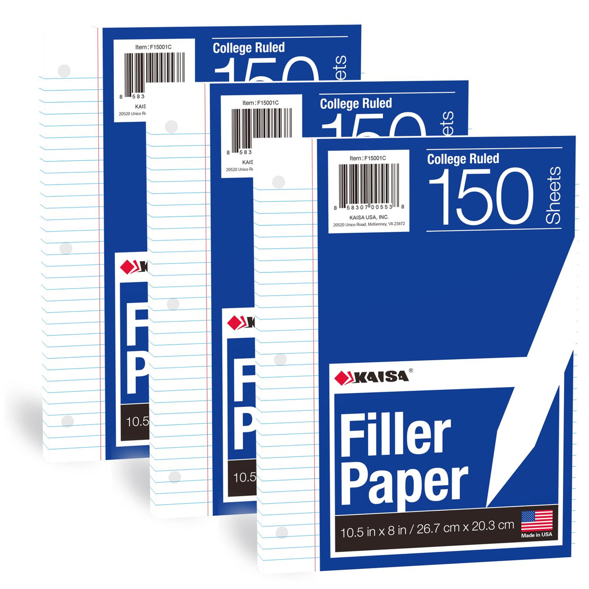 Kaisa Graph Paper Filler Paper USA-Made Bulk Wholesale Available 3 Pack 4x4 Quad Rule 3-Hole Punched Loose Leaf Paper 8x10.5 Filler Paper for 3-Ring Binder, 150 Sheets/Pack