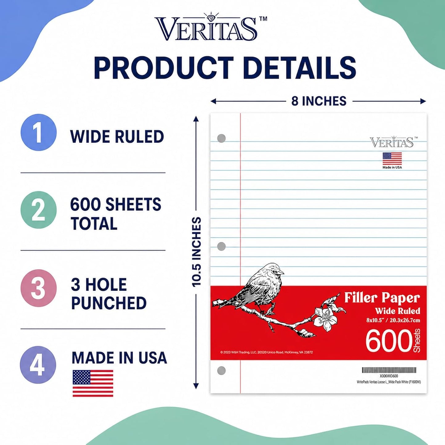 WritePads Wide Ruled Loose Leaf Paper 600 Sheets, 4 Pack Bulk Notebook Paper, 8"x10.5" 3 Hole Punched Binder Fitter Paper, Fits Standard 3-Ring Binders, Ink Bleed Resistant, Made in USA