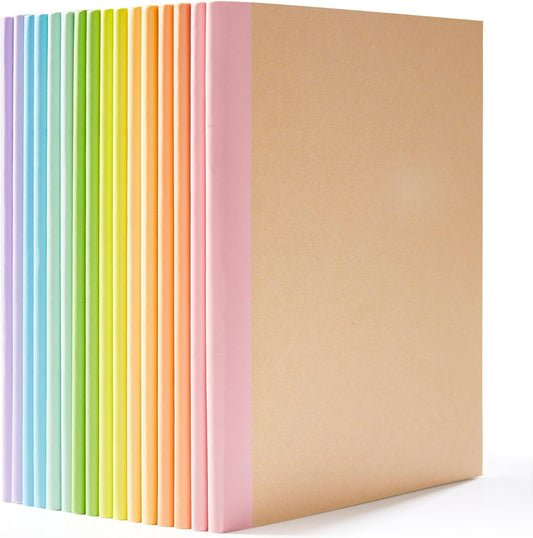 feela 16 Pack Composition Notebook Bulk, Kraft Cover Lined Blank College Ruled Travel Journals with Pastel Color Spine For Women Students Office, 60 Pages, 8.3”x 5.5”, A5, 8 Pastel Colors