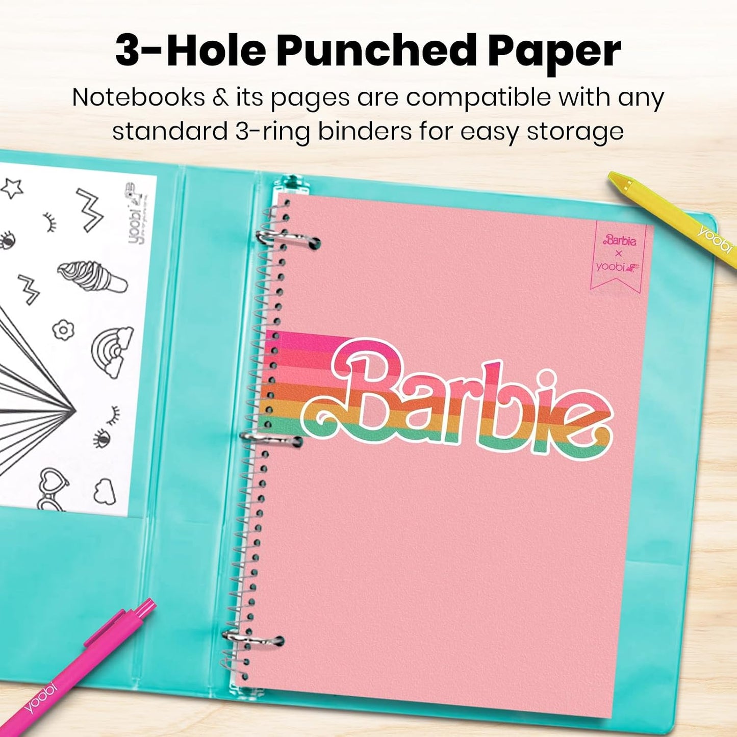 Yoobi x Barbie College Ruled Spiral Notebooks, 3-Pack, 100 Sheets | 3-Hole Punched Sheets, Perforated Pages, 100–150 Sheets, Multi-Pack (3-Pack or 6-Pack), Fun Prints & Designs